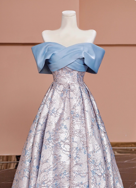 Elegant Jacquard Satin Off-The-Shoulder Long Formal Prom Dresses