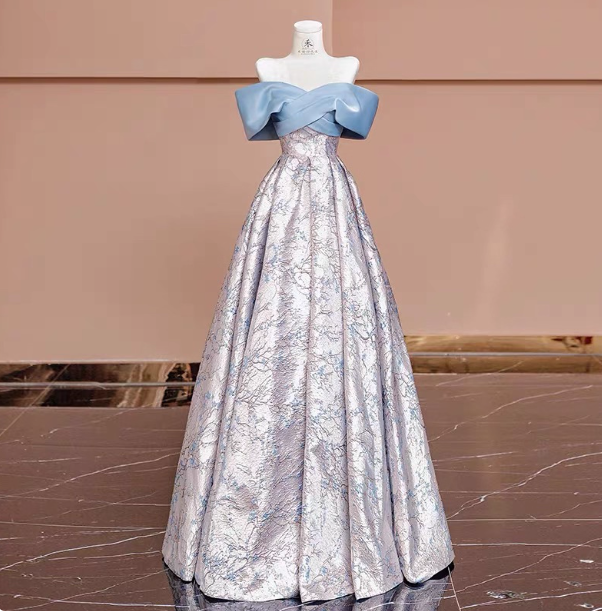 Elegant Jacquard Satin Off-The-Shoulder Long Formal Prom Dresses