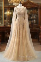 Elegant Jewel Long Sleevess Ruffle Formal Prom Dresses with Beadings On Sale