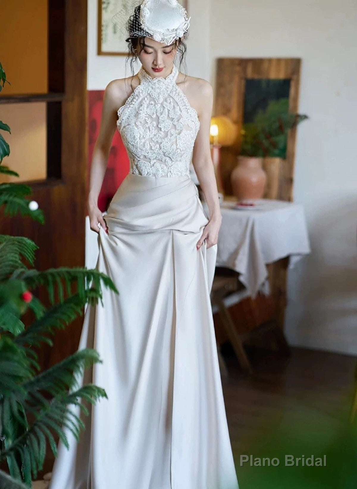 Elegant Lace and Satin Halter Long Wedding Party Dress, Long Formal Gowns Main image