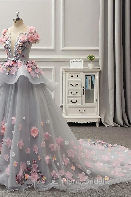 Elegant Lace-up Back Floral Appliques Grey Long Formal Prom Dresses Secondary image