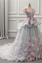 Elegant Lace-up Back Floral Appliques Grey Long Formal Prom Dresses