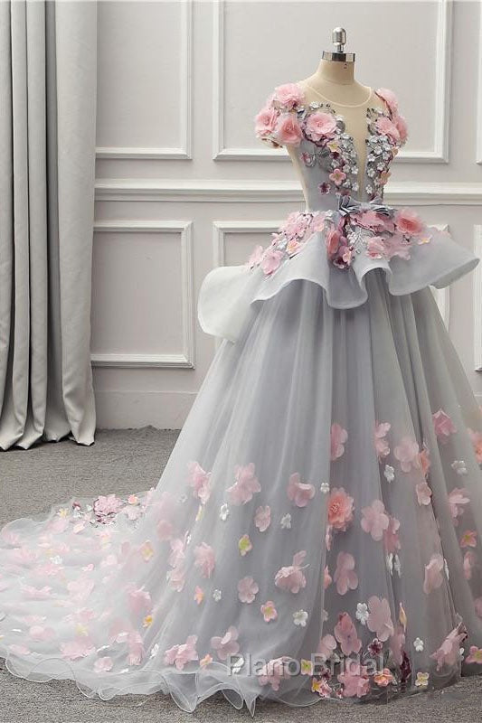 Elegant Lace-up Back Floral Appliques Grey Long Formal Prom Dresses