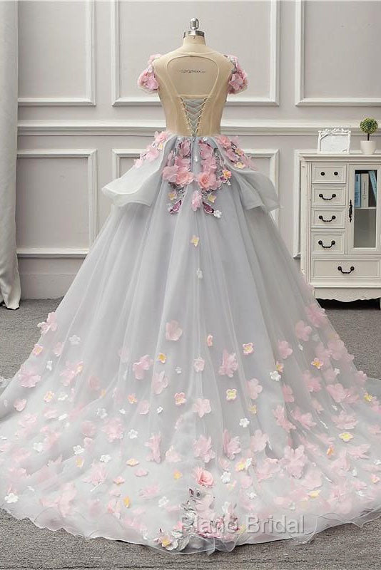 Elegant Lace-up Back Floral Appliques Grey Long Formal Prom Dresses
