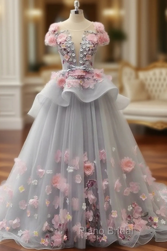 Elegant Lace-up Back Floral Appliques Grey Long Formal Prom Dresses Main image