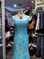 Elegant Lake Blue Mermaid Halter-Neck Lace Long Formal Prom Dresses