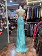 Elegant Lake Blue Mermaid Halter-Neck Lace Long Formal Prom Dresses