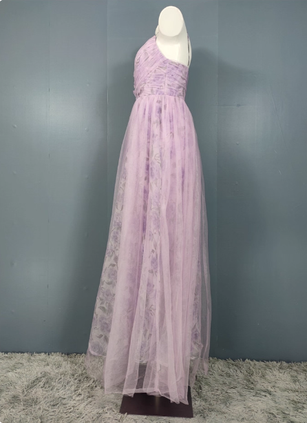 Elegant Lavender A-Line V-Neck Spaghetti Strap Tulle Long Formal Prom Dresses