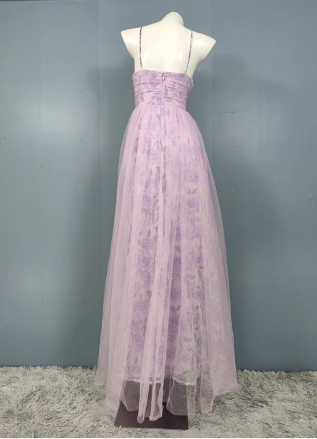 Elegant Lavender A-Line V-Neck Spaghetti Strap Tulle Long Formal Prom Dresses
