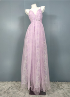 Elegant Lavender A-Line V-Neck Spaghetti Strap Tulle Long Formal Prom Dresses