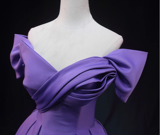 Elegant Lavender Off-The-Shoulder Ruffled Satin Long Formal Prom Dresses