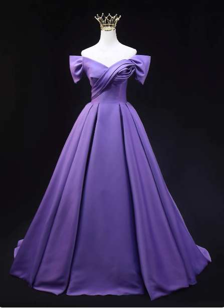 Elegant Lavender Off-The-Shoulder Ruffled Satin Long Formal Prom Dresses Main image