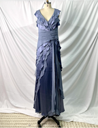 Elegant Layered Gradient Gray-Blue Slim-Fit V-Neck Ruffled Tiered Chiffon Long Formal Prom Dresses