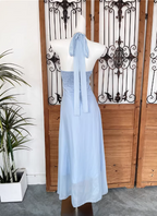 Elegant Light Blue A-Line Halter V-Neck 3D Floral Chiffon Long Formal Prom Dresses