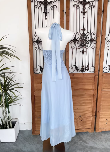 Elegant Light Blue A-Line Halter V-Neck 3D Floral Chiffon Long Formal Prom Dresses