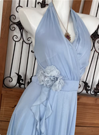 Elegant Light Blue A-Line Halter V-Neck 3D Floral Chiffon Long Formal Prom Dresses