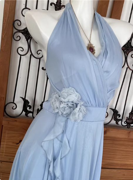 Elegant Light Blue A-Line Halter V-Neck 3D Floral Chiffon Long Formal Prom Dresses