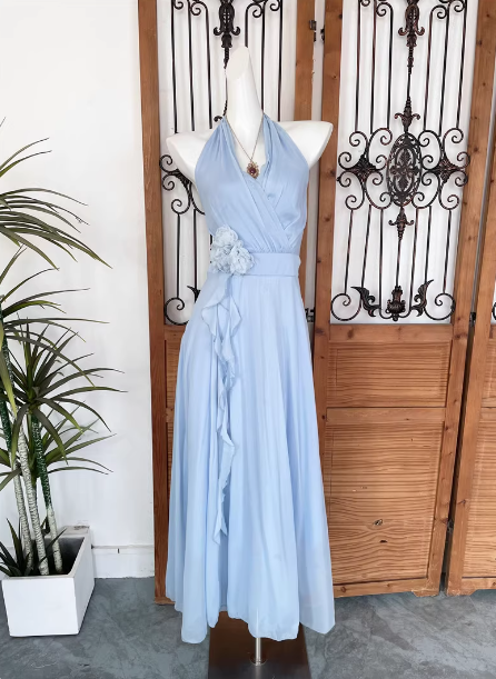 Elegant Light Blue A-Line Halter V-Neck 3D Floral Chiffon Long Formal Prom Dresses