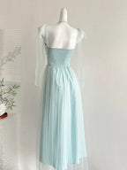 Elegant Light Blue A-Line Square Neck Tulle Long Formal Prom Dresses Bridesmaid Dresses
