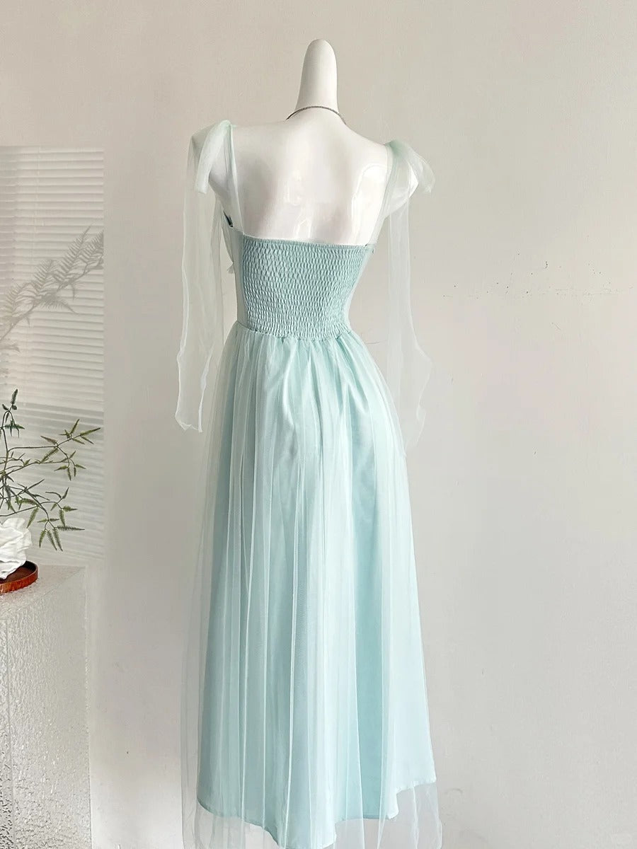 Elegant Light Blue A-Line Square Neck Tulle Long Formal Prom Dresses Bridesmaid Dresses