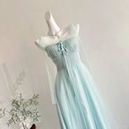 Elegant Light Blue A-Line Square Neck Tulle Long Formal Prom Dresses Bridesmaid Dresses