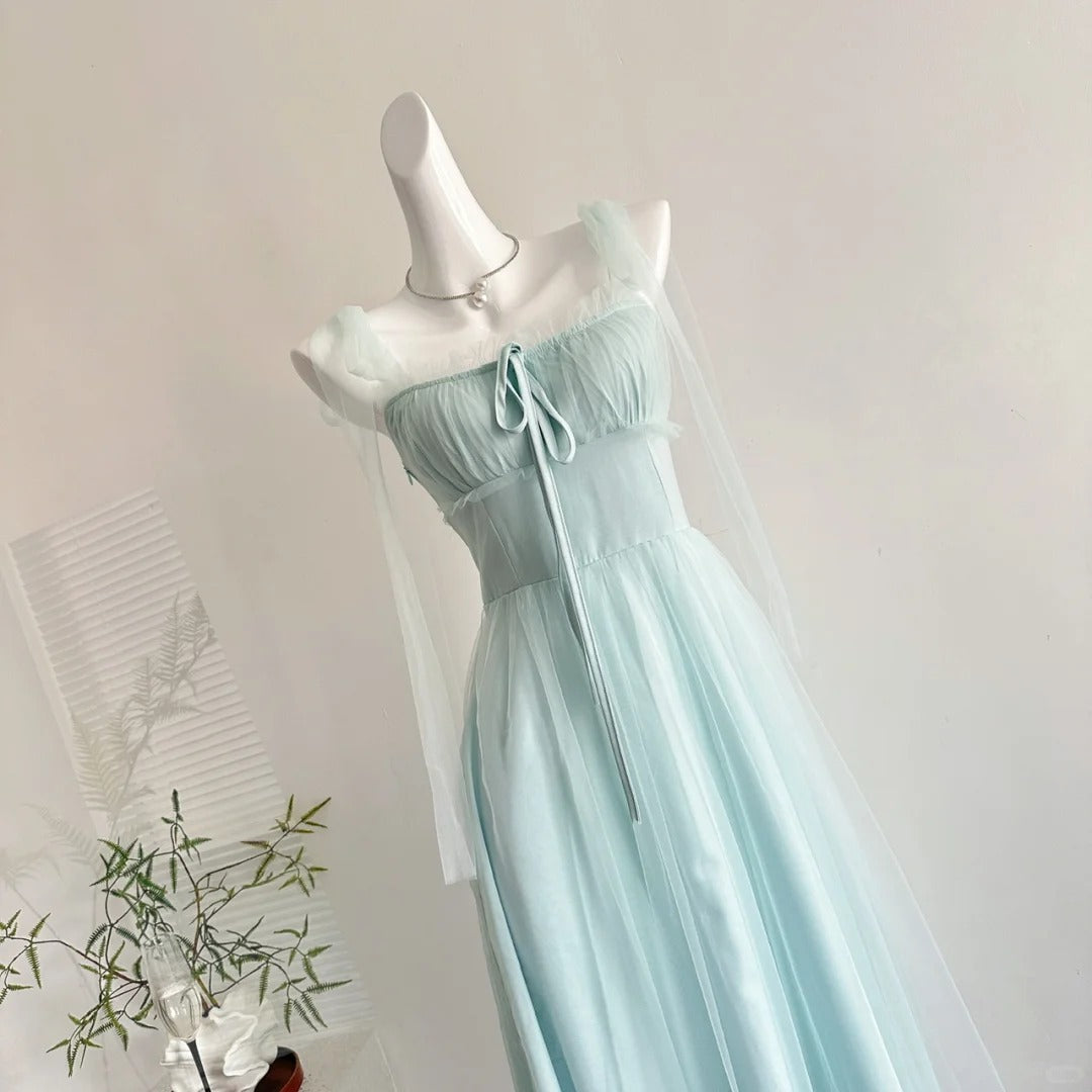Elegant Light Blue A-Line Square Neck Tulle Long Formal Prom Dresses Bridesmaid Dresses