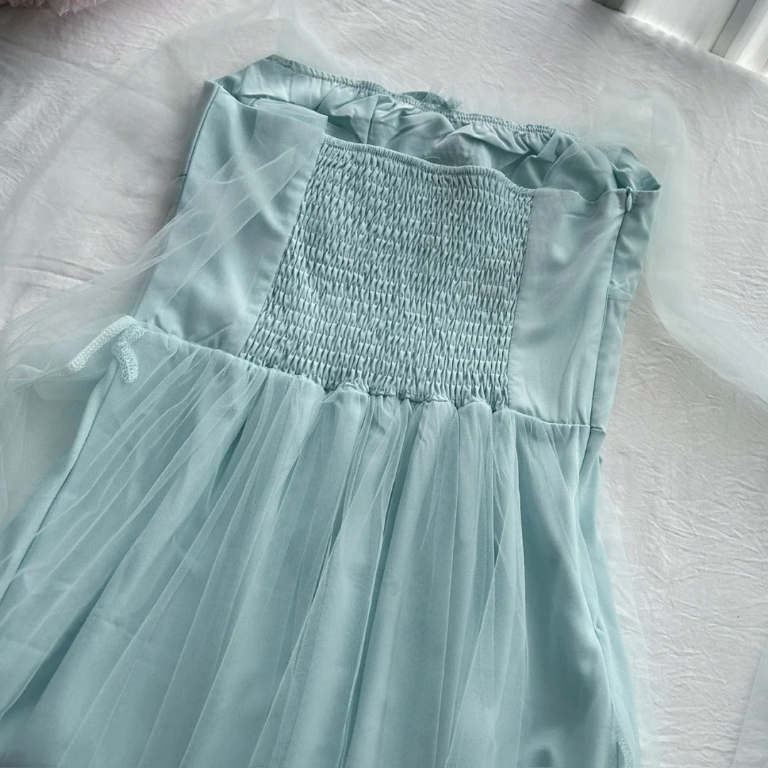Elegant Light Blue A-Line Square Neck Tulle Long Formal Prom Dresses Bridesmaid Dresses