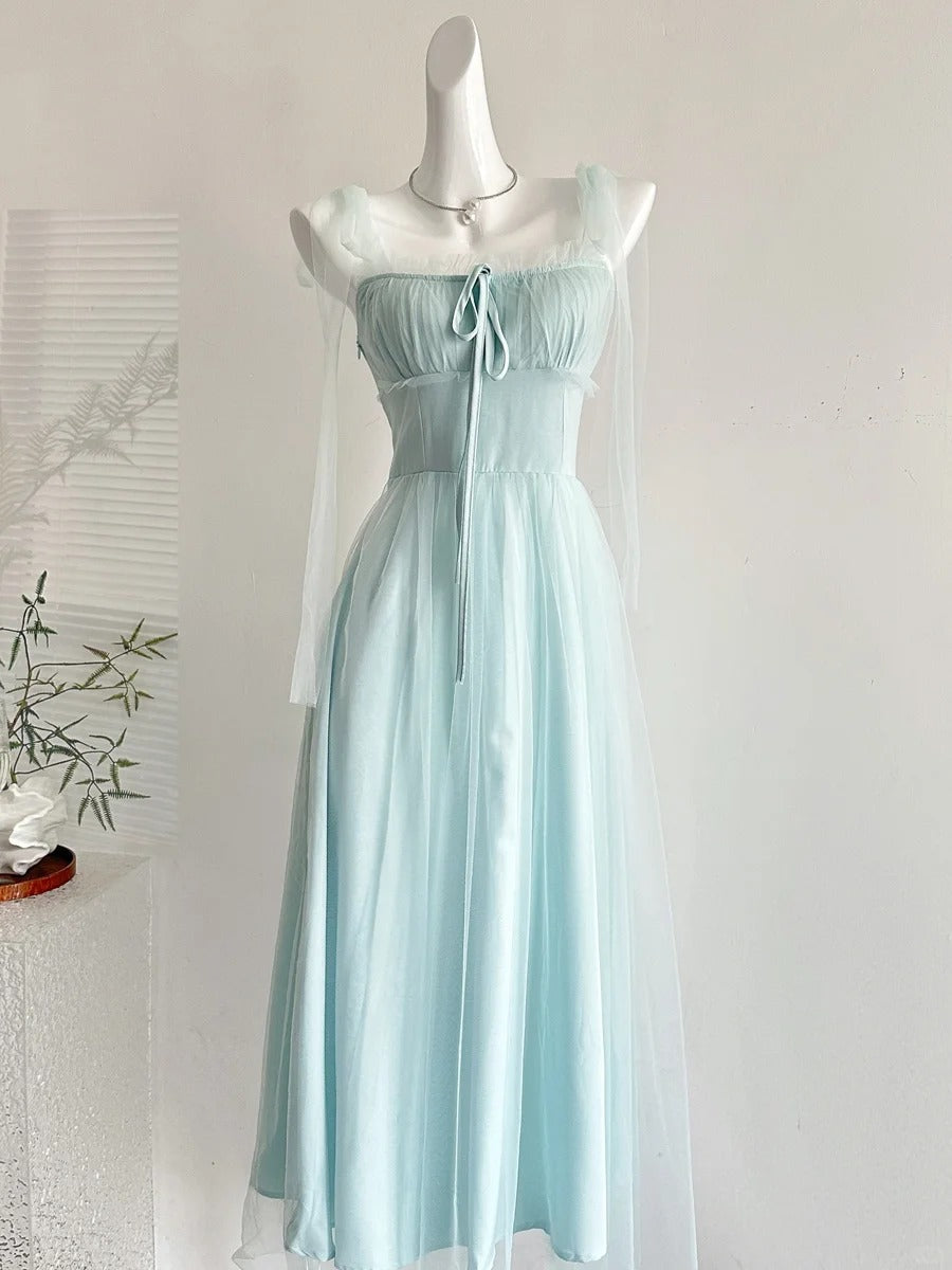 Elegant Light Blue A-Line Square Neck Tulle Long Formal Prom Dresses Bridesmaid Dresses Main image