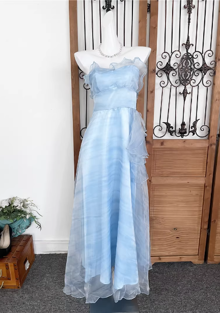 Elegant Light Blue A-Line Strapless Ruffled Tulle Long Formal Prom Dresses Main image