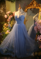 Elegant Light Blue A-Line Sweetheart Neckline Lace Tulle Long Formal Prom Dresses