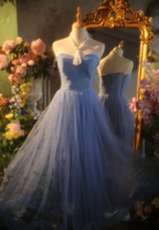 Elegant Light Blue A-Line Sweetheart Neckline Lace Tulle Long Formal Prom Dresses