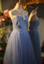 Elegant Light Blue A-Line Sweetheart Neckline Lace Tulle Long Formal Prom Dresses