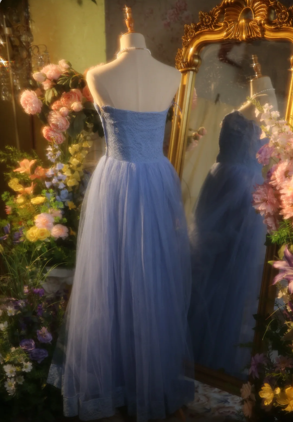 Elegant Light Blue A-Line Sweetheart Neckline Lace Tulle Long Formal Prom Dresses