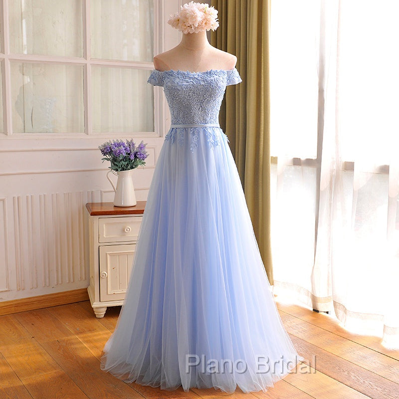 Elegant Light Blue Lace Applique Top Long Party Dresses, Off Shoulder Bridesmaid Dresses Secondary image