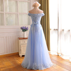 Elegant Light Blue Lace Applique Top Long Party Dresses, Off Shoulder Bridesmaid Dresses