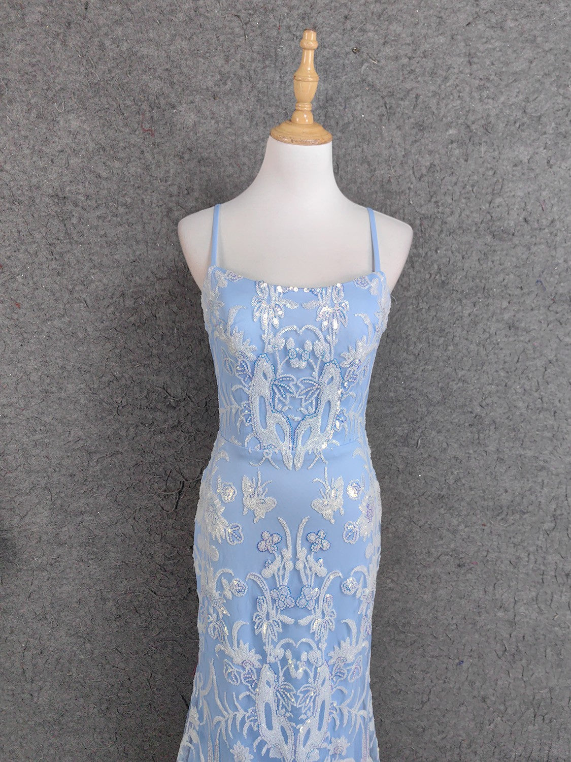 Elegant Light Blue Square Neck Spaghetti Strap Mermaid Sequin Tulle Long Formal Prom Dresses Secondary image