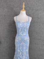 Elegant Light Blue Square Neck Spaghetti Strap Mermaid Sequin Tulle Long Formal Prom Dresses