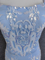 Elegant Light Blue Square Neck Spaghetti Strap Mermaid Sequin Tulle Long Formal Prom Dresses