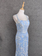 Elegant Light Blue Square Neck Spaghetti Strap Mermaid Sequin Tulle Long Formal Prom Dresses