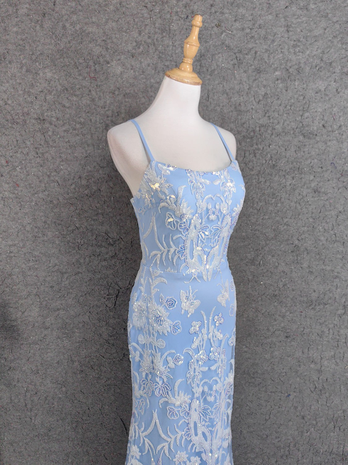 Elegant Light Blue Square Neck Spaghetti Strap Mermaid Sequin Tulle Long Formal Prom Dresses