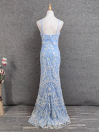 Elegant Light Blue Square Neck Spaghetti Strap Mermaid Sequin Tulle Long Formal Prom Dresses
