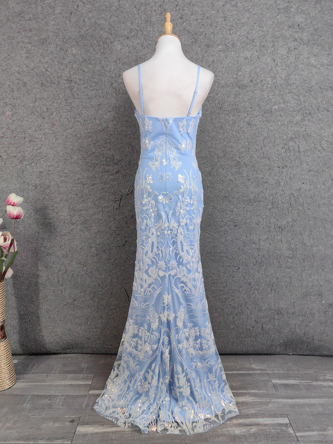Elegant Light Blue Square Neck Spaghetti Strap Mermaid Sequin Tulle Long Formal Prom Dresses