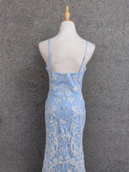 Elegant Light Blue Square Neck Spaghetti Strap Mermaid Sequin Tulle Long Formal Prom Dresses