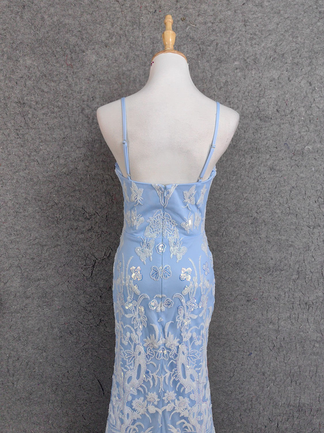 Elegant Light Blue Square Neck Spaghetti Strap Mermaid Sequin Tulle Long Formal Prom Dresses