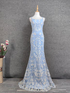 Elegant Light Blue Square Neck Spaghetti Strap Mermaid Sequin Tulle Long Formal Prom Dresses