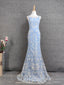 Elegant Light Blue Square Neck Spaghetti Strap Mermaid Sequin Tulle Long Formal Prom Dresses