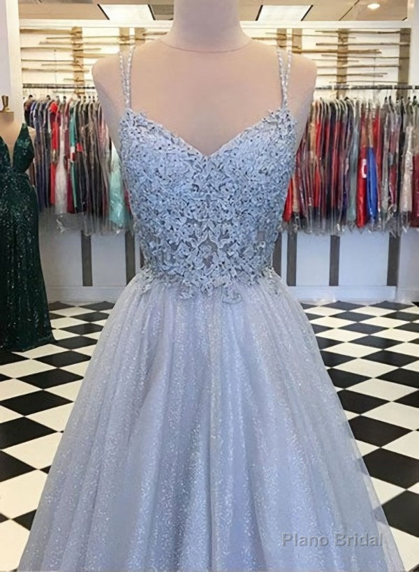 Elegant Light Blue Tulle V-neck Spaghetti Straps Lace Long Prom Dresses Secondary image