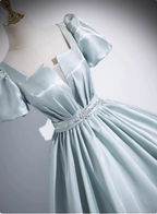 Elegant Light Cyan Square Neck Short Sleeve Satin Long Formal Prom Dresses