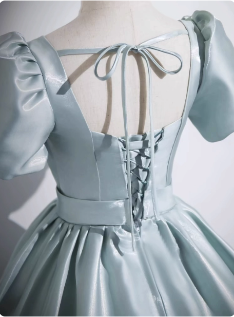 Elegant Light Cyan Square Neck Short Sleeve Satin Long Formal Prom Dresses