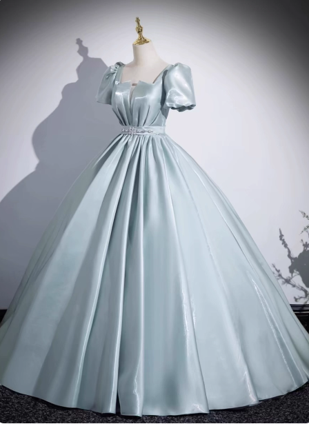 Elegant Light Cyan Square Neck Short Sleeve Satin Long Formal Prom Dresses